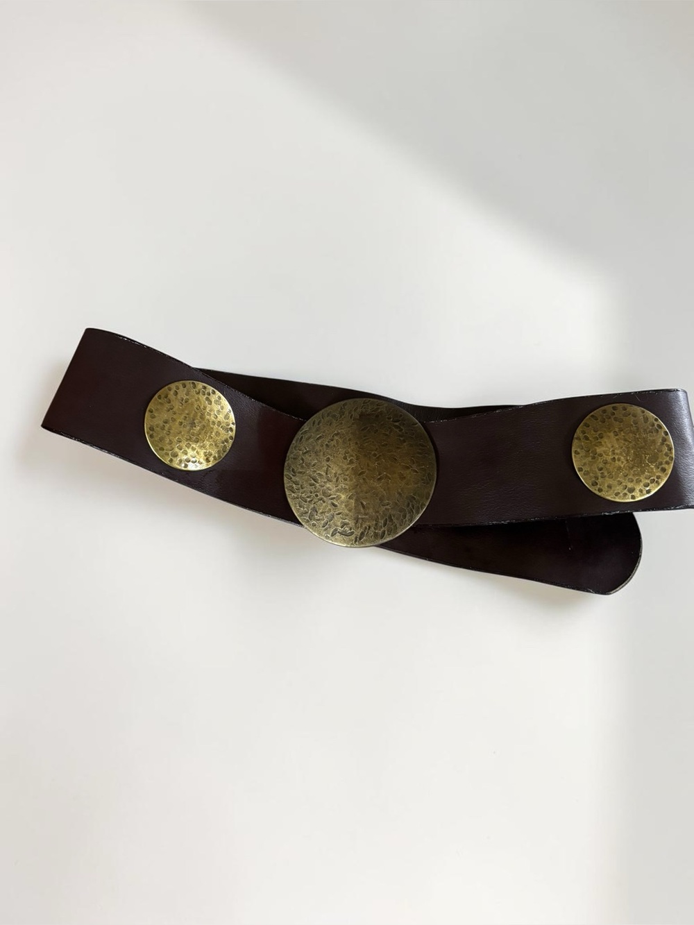 Y2K Brown Faux Leather Concho Belt Hammered Brass Boho Western Deadstock